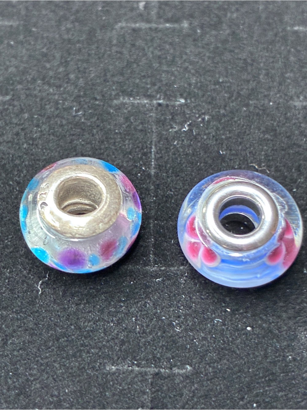 Pandora Glass Flower Bead Charm Pair - Blue & Pink w/ plumeria on bead.